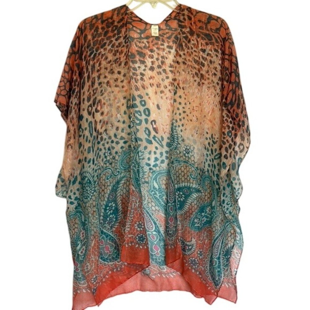 Boho Animal Paisley Kimono Orange Blue Lightweight Festival Layer Resortwear